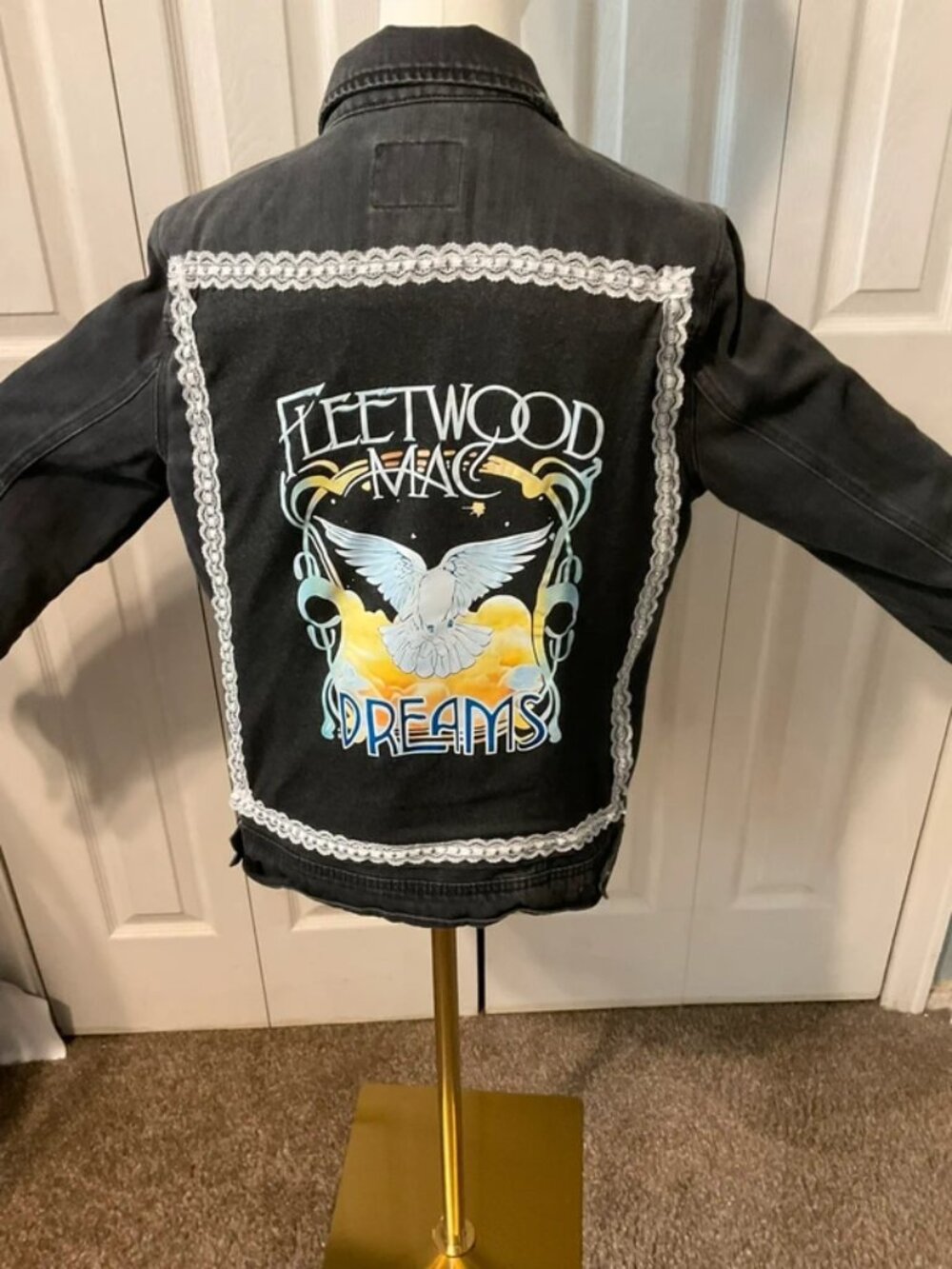 Fleetwood Mac Dreams Upcycled Back Graphic Shirt on Distressed Denim Jacket Lg